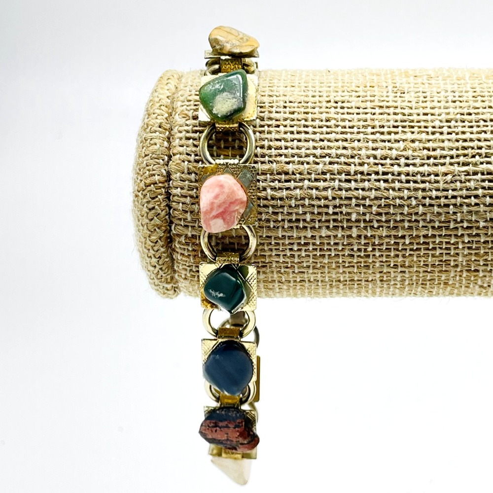 Vintage Stone Cabochon Link Bracelet Multicolor Gold Tone Chunky Statement